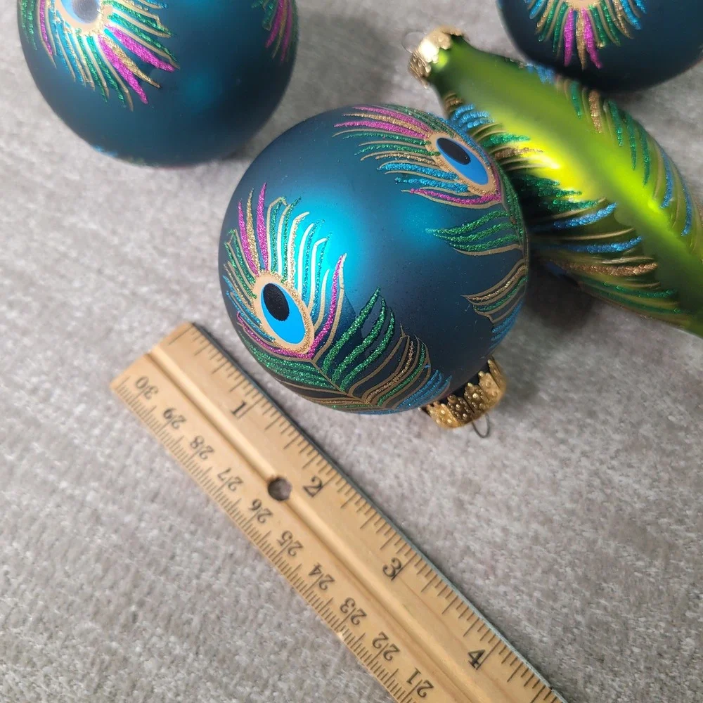 4pc Peacock Feather Glass Christmas Ornaments Teal Blue Green Glitter Set